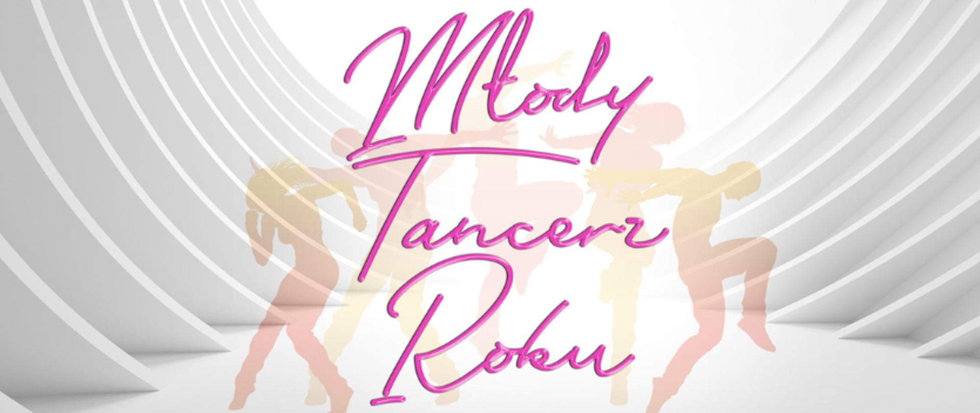 grafika: logo programu telewizyjnego Młody Tancerz Roku. Na białym tle różowy napis Młody Tancerz Roku oraz sylwetki ludzi tańczących różne style taneczne.