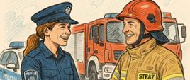 Rysunek przedstawia policjantkę i strażaka ściskającym sobie dłonie. W tle radiowóz oraz pojazd pożarniczy.