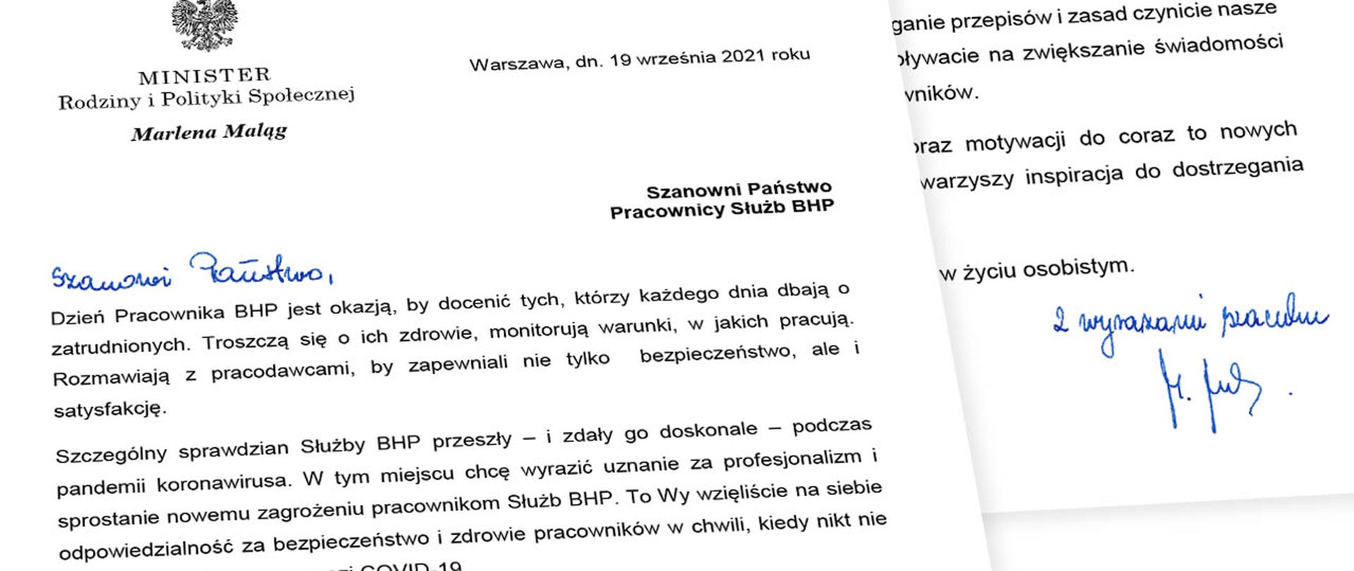 List minister Marleny Maląg do pracowników BHP
