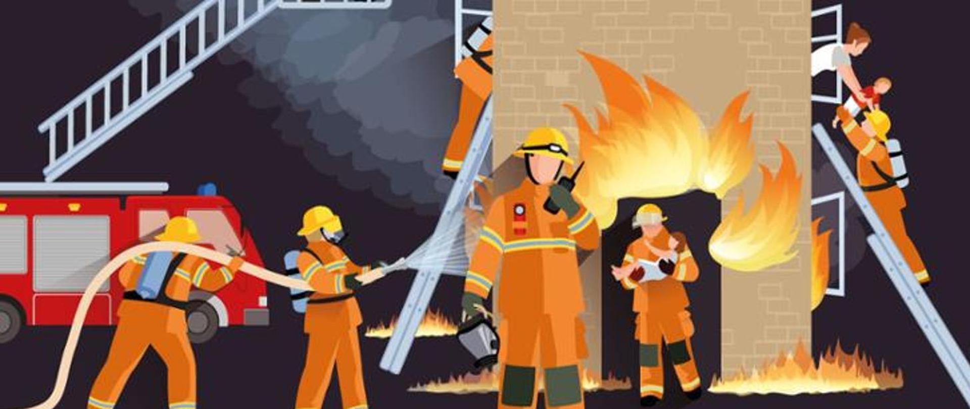 Grafika przedstawia strażaków gaszących pożar.