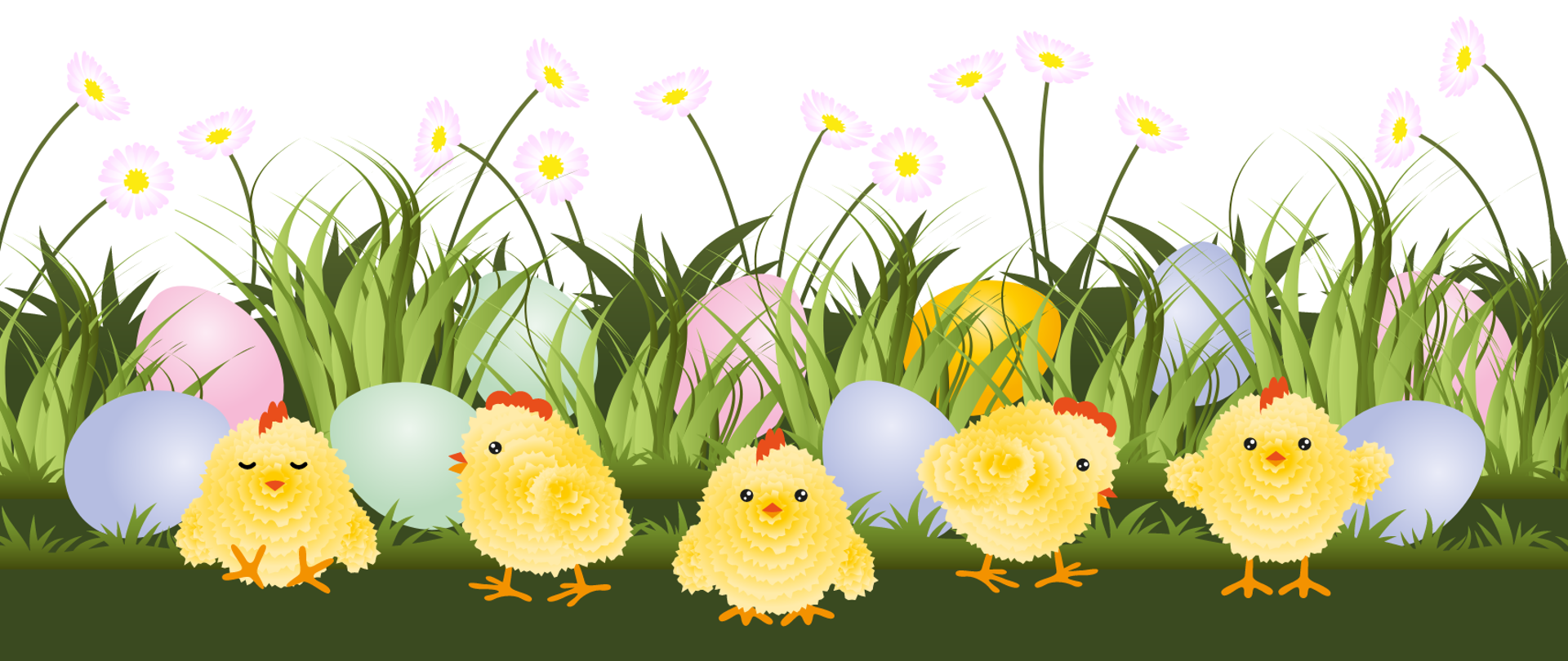 Na zielonej trawie wielkanocne kurczaczki oraz pisanki.