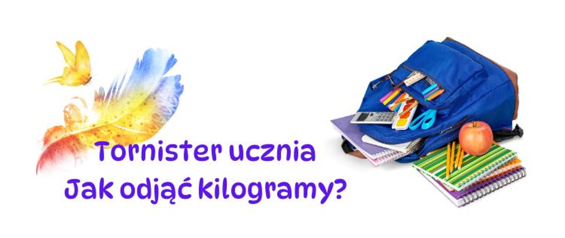 na środku planszy napis - Tornister ucznia. Jak odjąć kilogramy? , a po prawej stronie plecak z przyborami szkolnymi