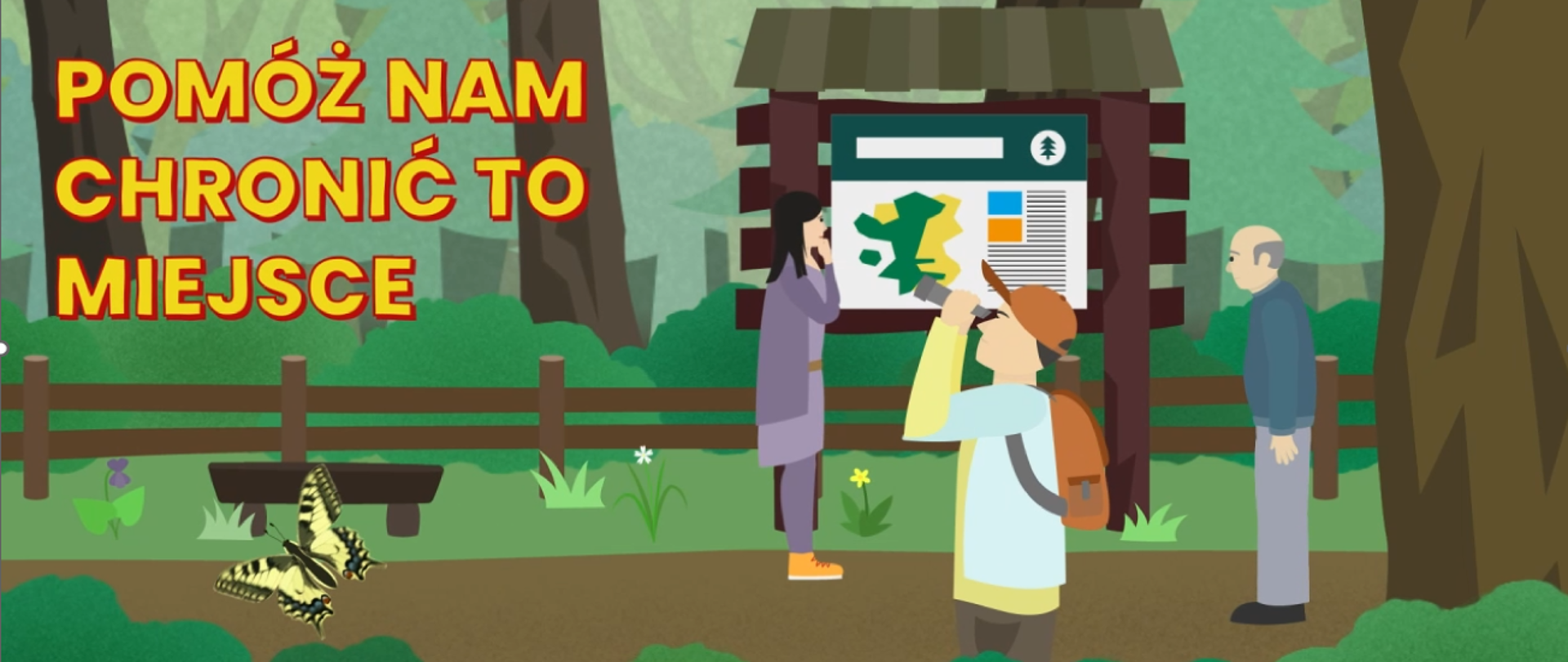 Klatka z filmu - kobieta stoi przed tablicą edukacyjną w lesie, starszy pan przystanął, nastolatek obserwuje las przez lornetkę