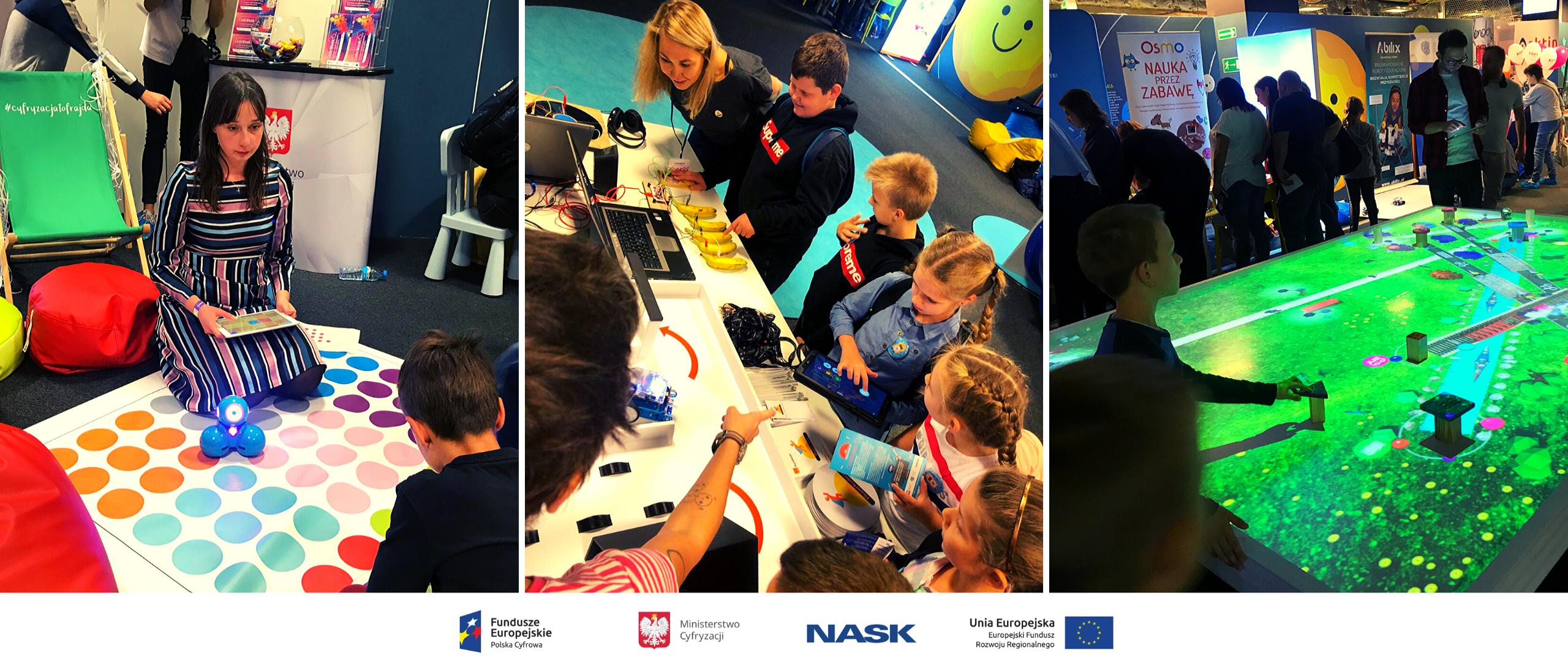 Kolaż 3 zdjęć. Na każdym znajdują się dzieci bawiące się w gry związane z programowaniem.