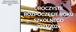 Na tle skrzypiec informacja "Uroczyste rozpoczęcie roku szkolnego" w kolorze białym