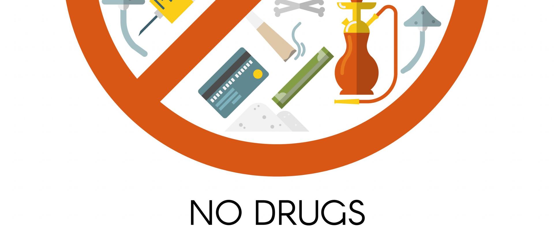 na zdjęciu przekreślone koło, w którym umieszczone zostały piktogramy używek takich jak strzykawka, liść marihuany, alkohol i tym podobne.