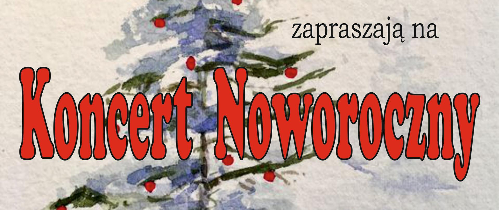 Grafika przedstawiająca w centralnej części rysunek malarski przedstawiający choinkę z czerwonymi bombkami. Tło grafiki w odcieniach koloru kremowego z podłożem namalowanym i stylizowanym na śnieg. Na grafice, w prawym górnym rogu znajduje się logo współorganizatora koncertu BOK-MCC. W tle znajdują się również napisy w kolorach czarnym, pogrubionym czerwonym i białym następującej treści: "Państwowa Szkoła Muzyczna I stopnia im. Witolda Lutosławskiego w Bolesławcu oraz współorganizator koncertu Bolesławiecki Ośrodek Kultury - Międzynarodowe Centrum Ceramiki zapraszają na Koncert Noworoczny w dniu 2 lutego 2023 r. o godz. 17.00. Koncert odbędzie się w sali kina "Forum" BOK-MCC przy placu Józefa Piłsudskiego 1 w Bolesławcu. Wstęp wolny".