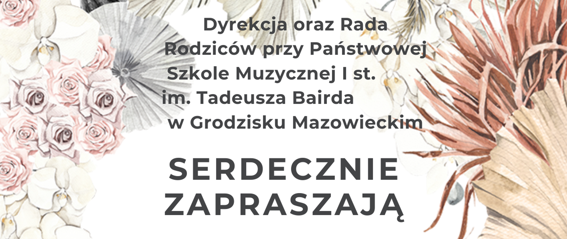Plakat biały z bezowymi kwiatami, czarne napisy informujący o zebraniu rodziców
