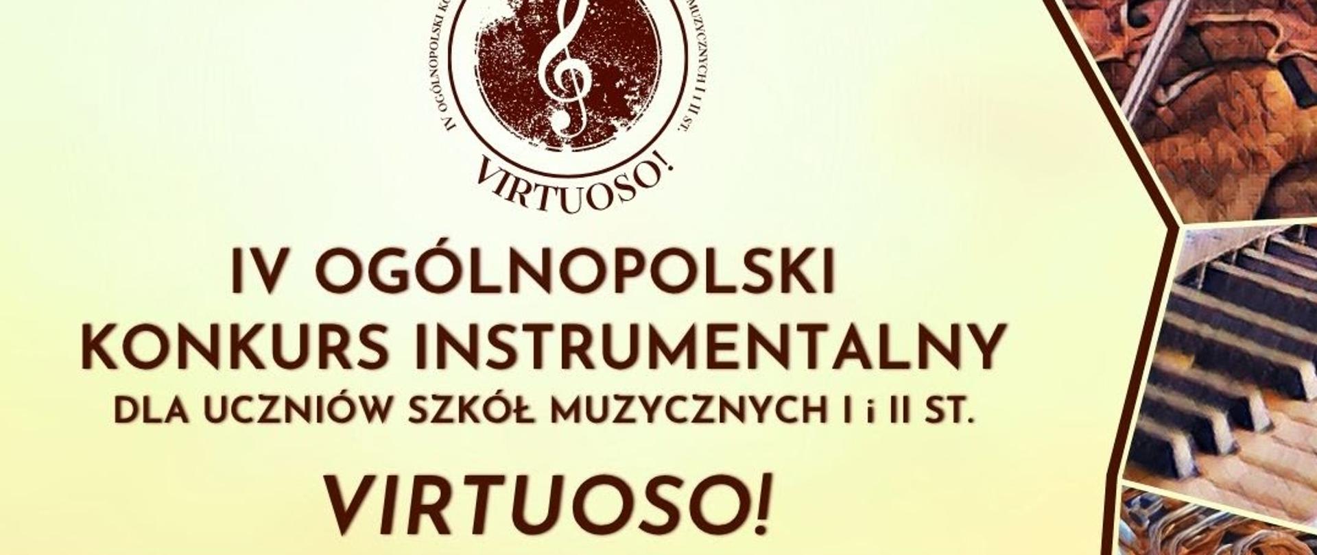 Na jasnym tle informacje o konkursie, po prawej stronie grafika symbolizująca różne instrumenty. 