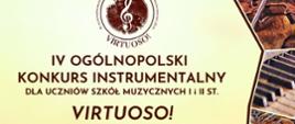 Na jasnym tle informacje o konkursie, po prawej stronie grafika symbolizująca różne instrumenty. 