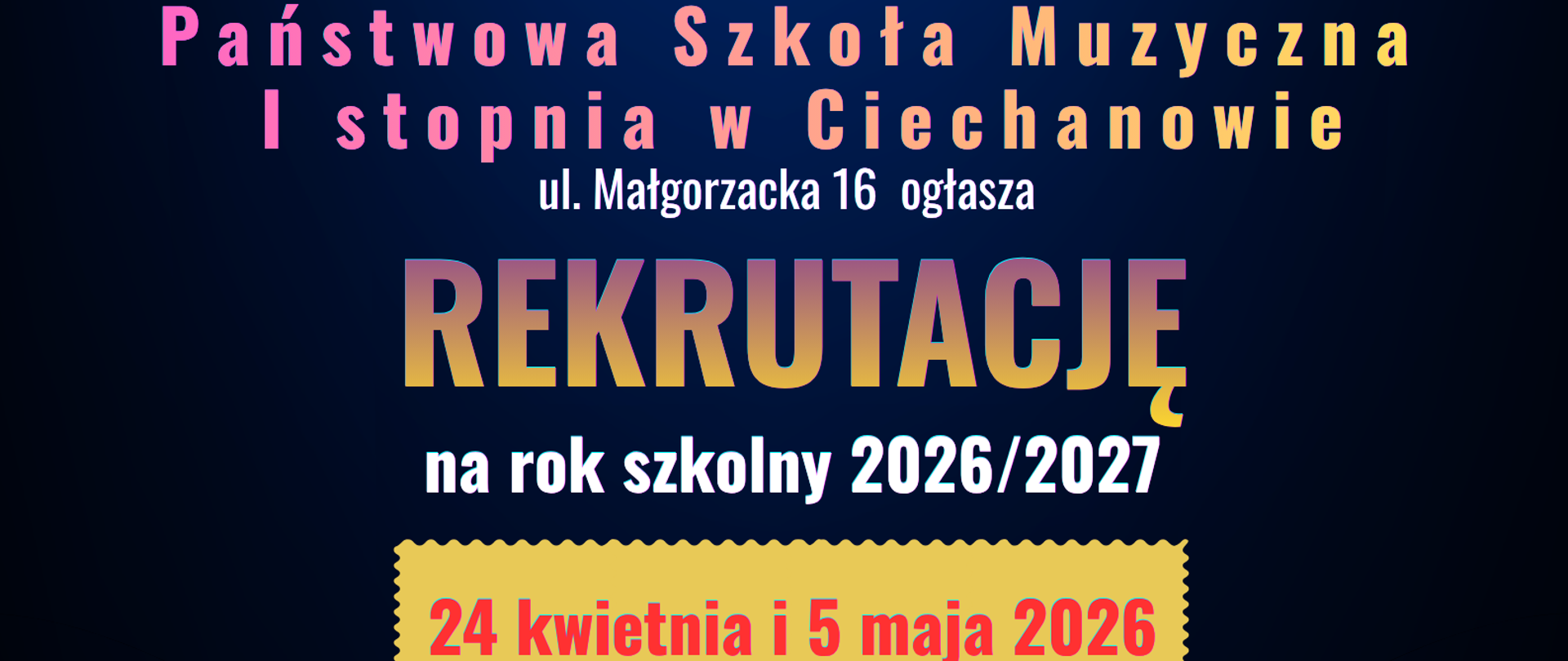 Na granatowym tle czerwone serce ze słuchawkami i kolorowymi nutami. Poniżej informacja o rekrutacji. 
