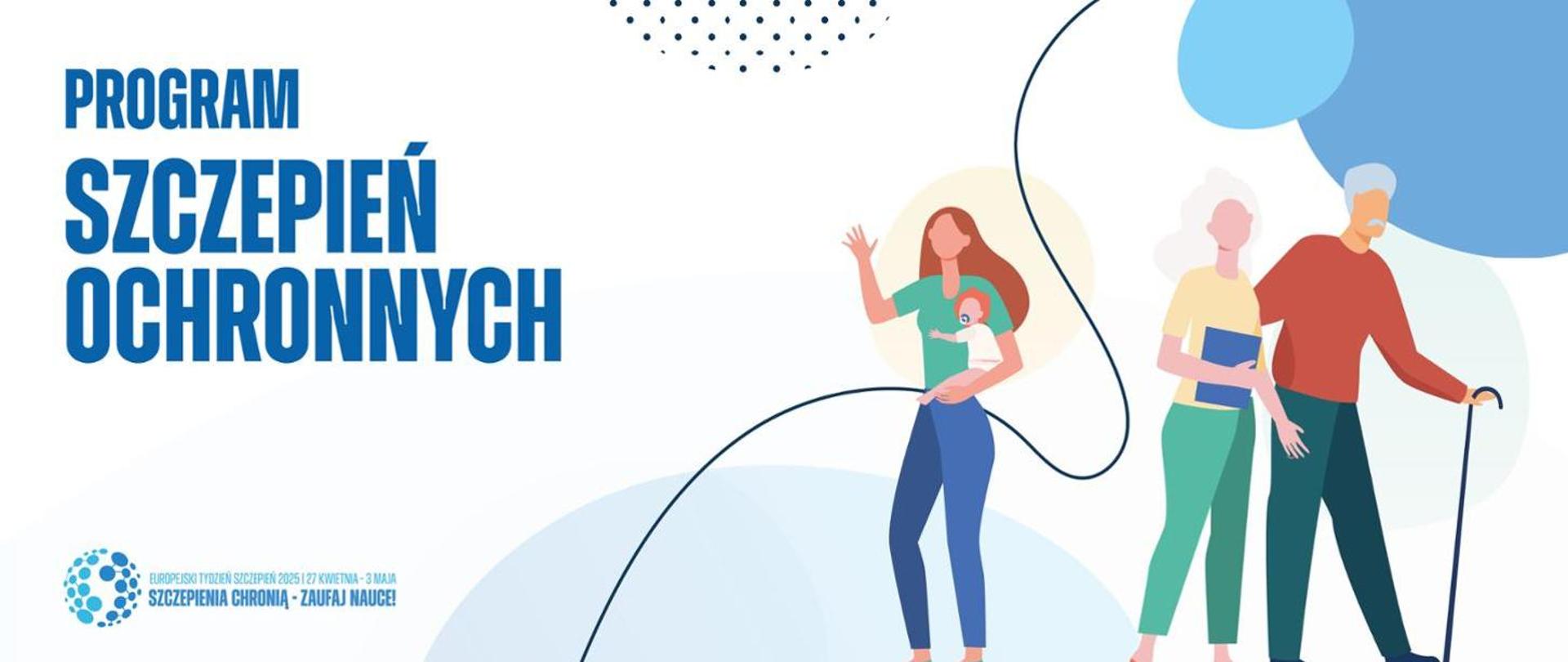 grafika kobiety trzymającej dziecko na rękach , obok grafika kobiety wraz ze starszym mężczyzną , który podpiera się laską