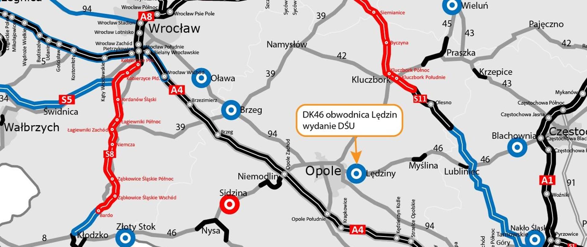 Mapa ze wskazaną lokalizacją obwodnicy Lędzin w ciągu DK46