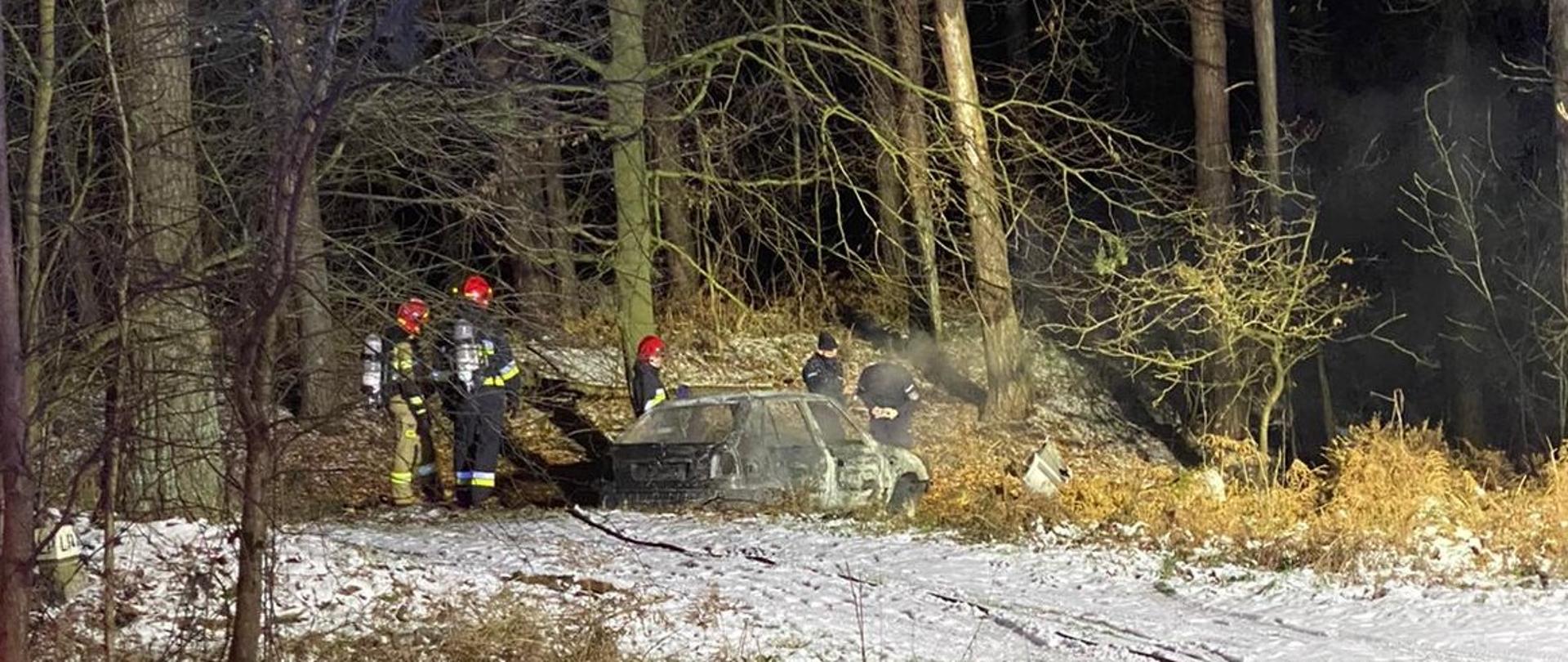 Dwóch strażaków w mundurach bojowych z aparatami powietrznymi dogasza wrak samochodu osobowego stojącego na skraju lasu. Brak płomieni, z wraku unosi się niewielka ilość jasnego dymu. Dwóch policjantów i strażak prowadzą oględziny całkowicie wypalonego wraku. Pora nocna. Na powierzchni ziemi zalega niewielka ilość śniegu.