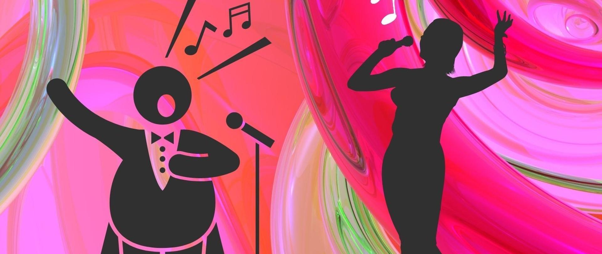 Grafika - afisz koncertów wokalnych. Kolorystyka tła - różowa z odcieniami, napisy na polach w kolorze beżowym. Na górze napis: KONCERTY w wykonaniu uczniów z klas śpiewu Jadwigi Chlewickiej i Agnieszki Niewiadomskiej. Z lewej strony logo PSM Nysa. W środku grafika - dwoje śpiewających na estradzie. Poniżej napisy z datami i miejscami poszczególnych koncertów - Sala Koncertowa im. J. Kozarzewskiego - 6, 7, 16, 22 marca 20213 i Sala Kameralna - 14, 21 marca 2023, godz. 15.30 (tylko 21 marca godz. 15.00).