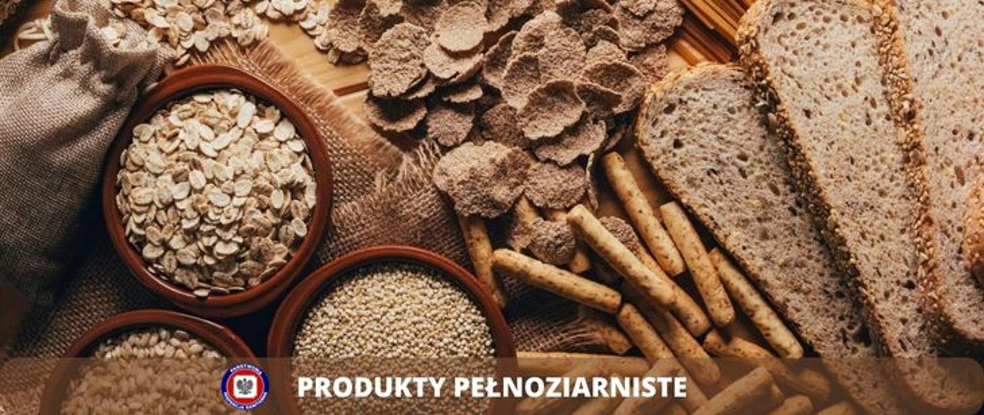 Zdjęcie przedstawia produkty wykonane z ziaren, chleb paluszki pełno ziarniste otręby, płatki 