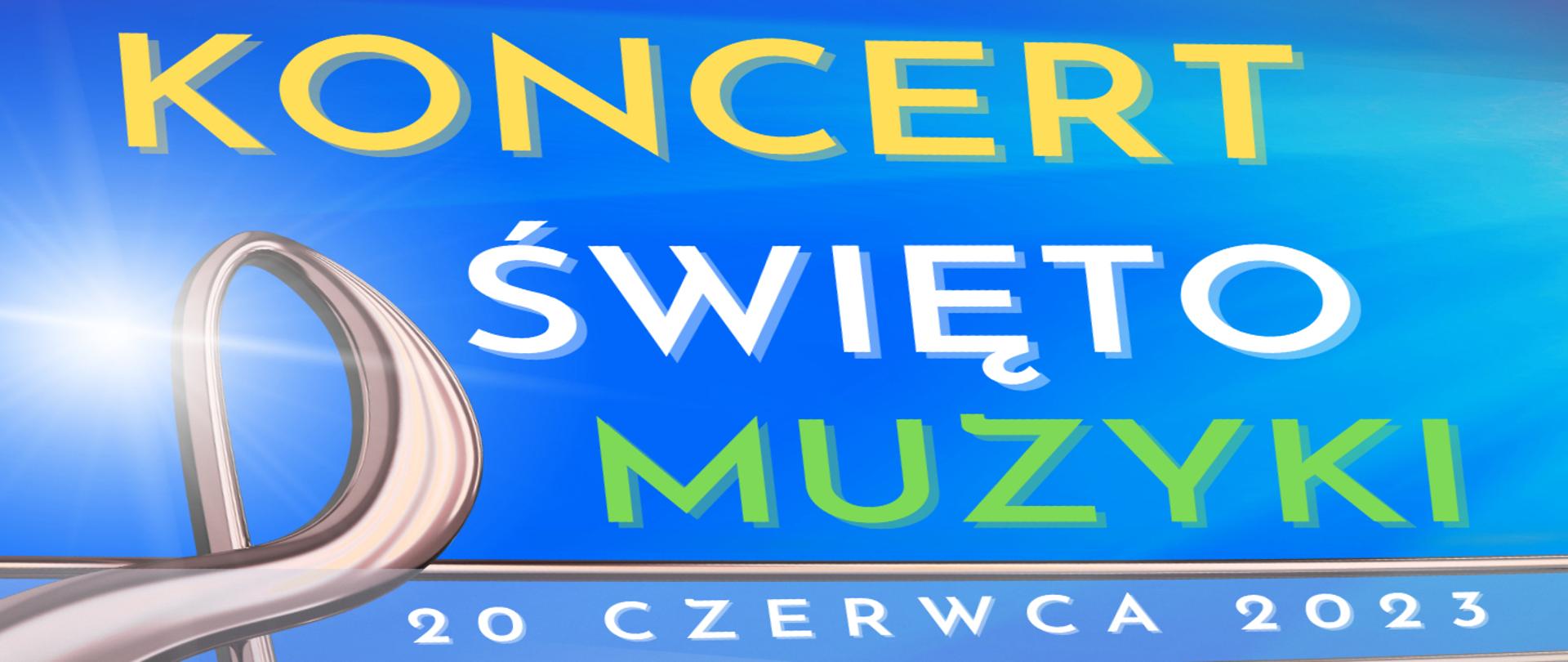 Grafika przedstawia fragment plakatu koncertowego z okazji święta muzyki. Na jasnoniebieskim tle kolorowe