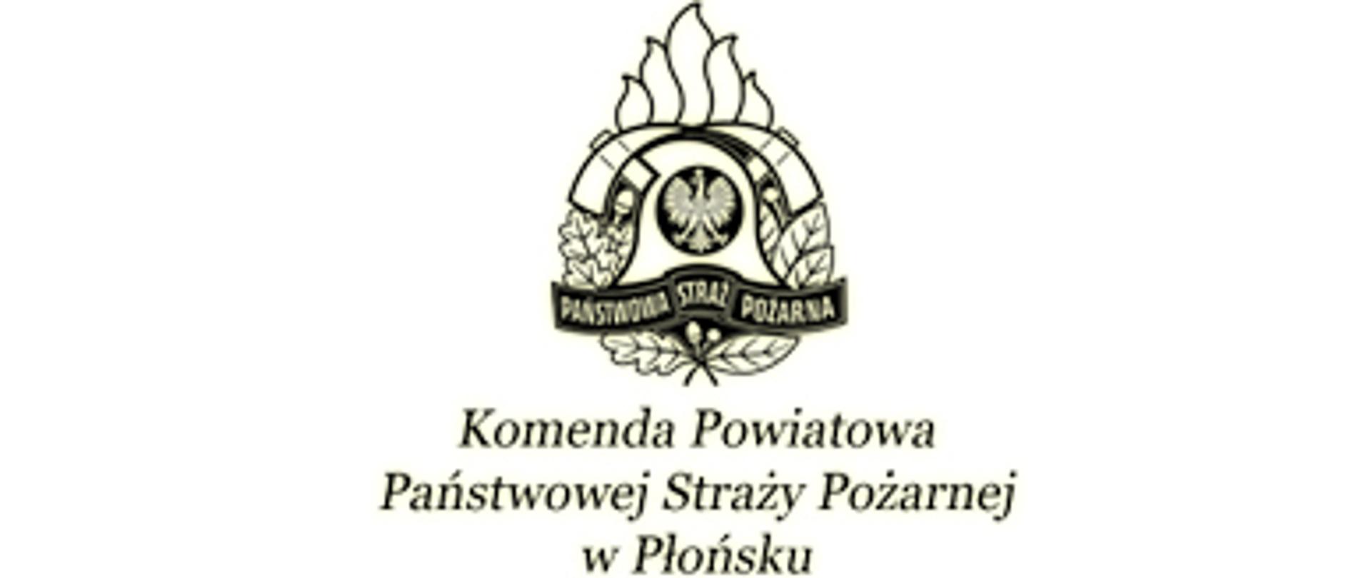 Na zdjęciu znajduje się zarys znaku PSP w kolorach czarno-białych. Pod logiem znajduje się napis Komenda Powiatowa Państwowej Straży Pożarnej