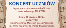 Plakat informujący o koncercie uczniów w Muzeum Oręża Polskiego 28.01.2026