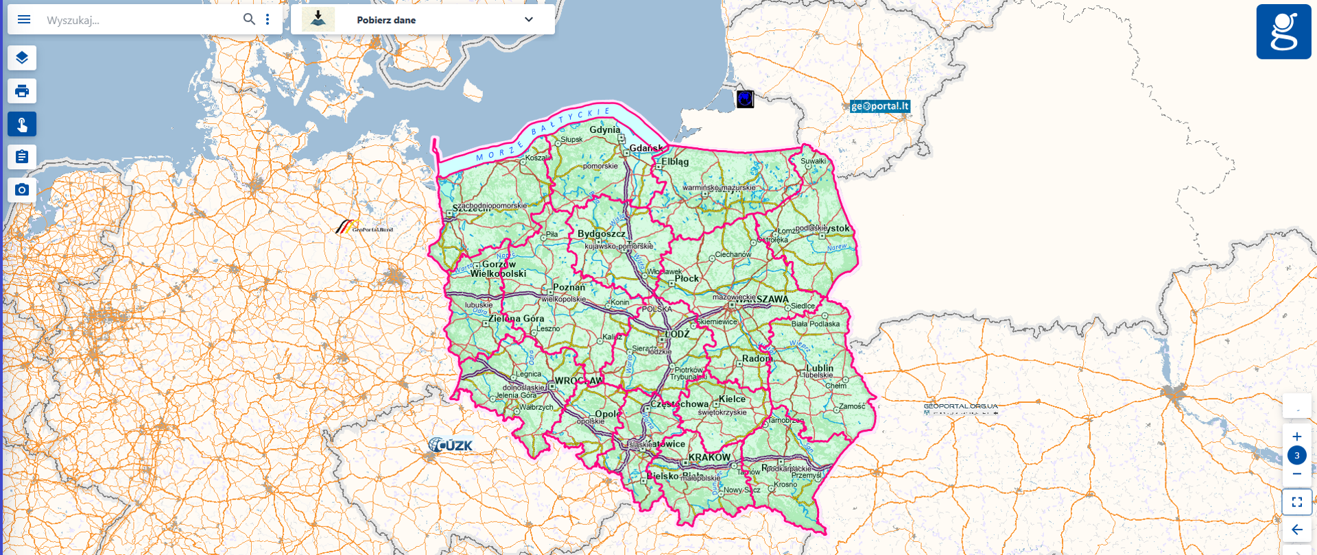Zrzut ekranu prezentujący stronę mapy.geoportal.gov.pl, zawierającą granice Polski oraz granice województw.