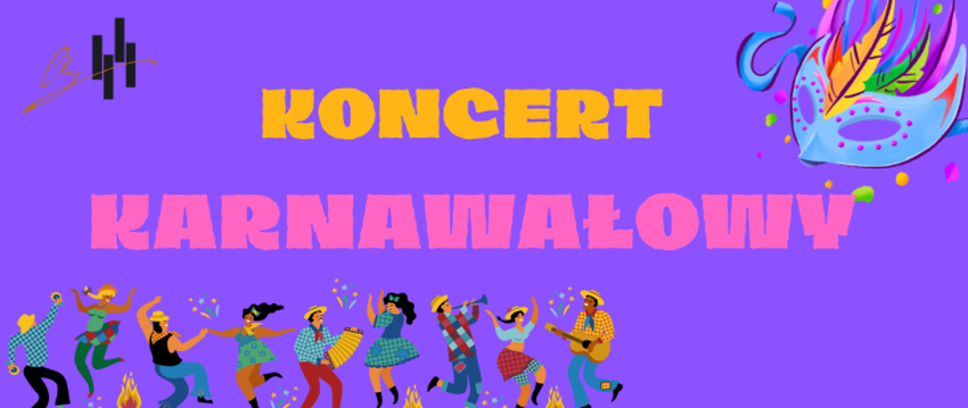 Grafika plakatu jest w klimacie karnawałowym. W prawym górnym rogu maska karnawałowa, a na dole w lewej i środkowej części plakatu tańczące i grające na instrumentach postacie. W lewym górnym rogu logo szkoły. Na środku pełna nazwa wydarzenia: Koncert Karnawałowy