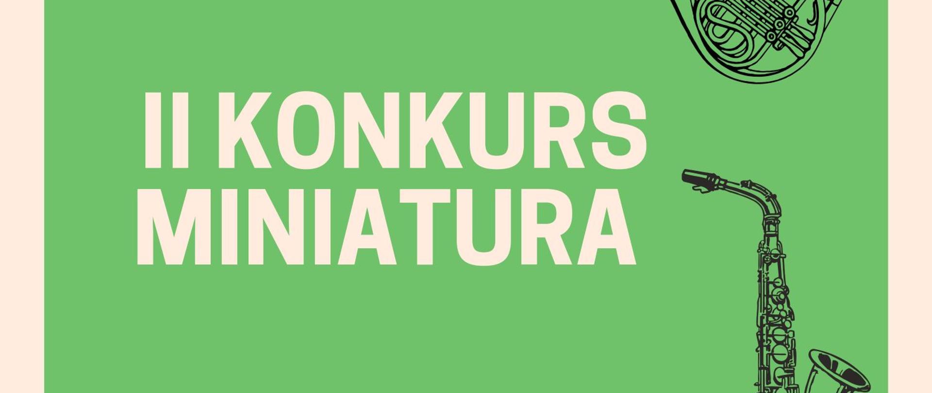 plakat z zielono-żółtej tonacji, zawierający grafiki instrumentów: perkusji, klarnetu i saksofonu oraz logo szkoły i tytuł konkursu