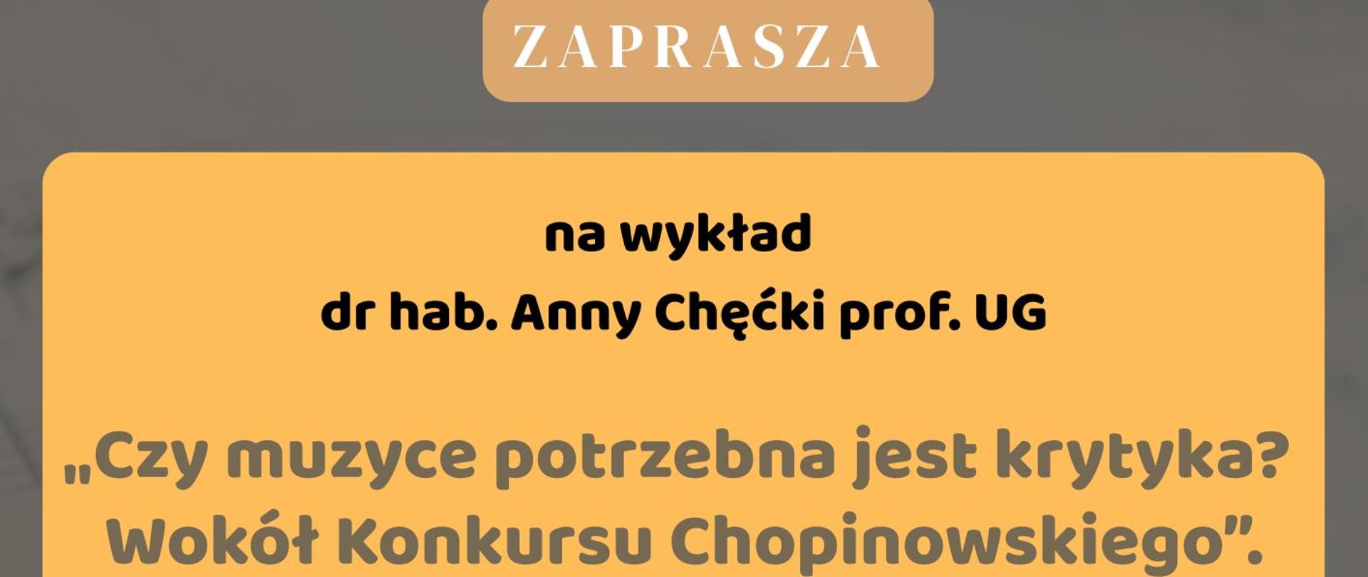 Na brązowym tle w nutki znajdują się informacje o wykładzie Czy muzyce potrzebna jest krytyka?