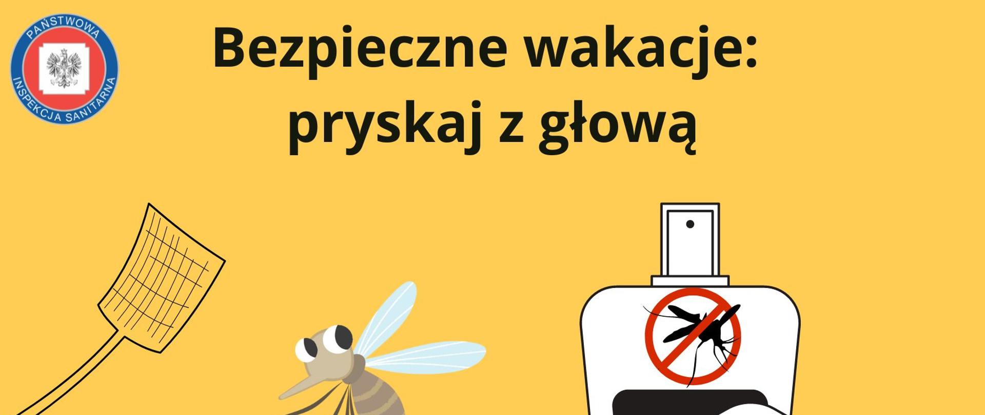 Grafika przedstawia owady, łapkę na muchy oraz dłoń trzymającą środek odstraszający owady 