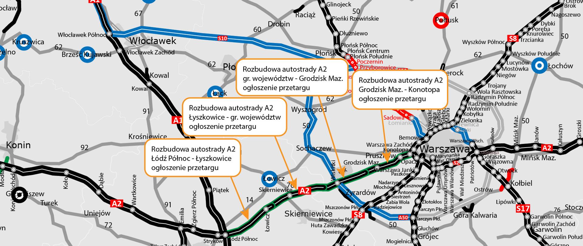 Mapa z lokalizacją odcinków autostrady A2, które zostaną rozbudowane