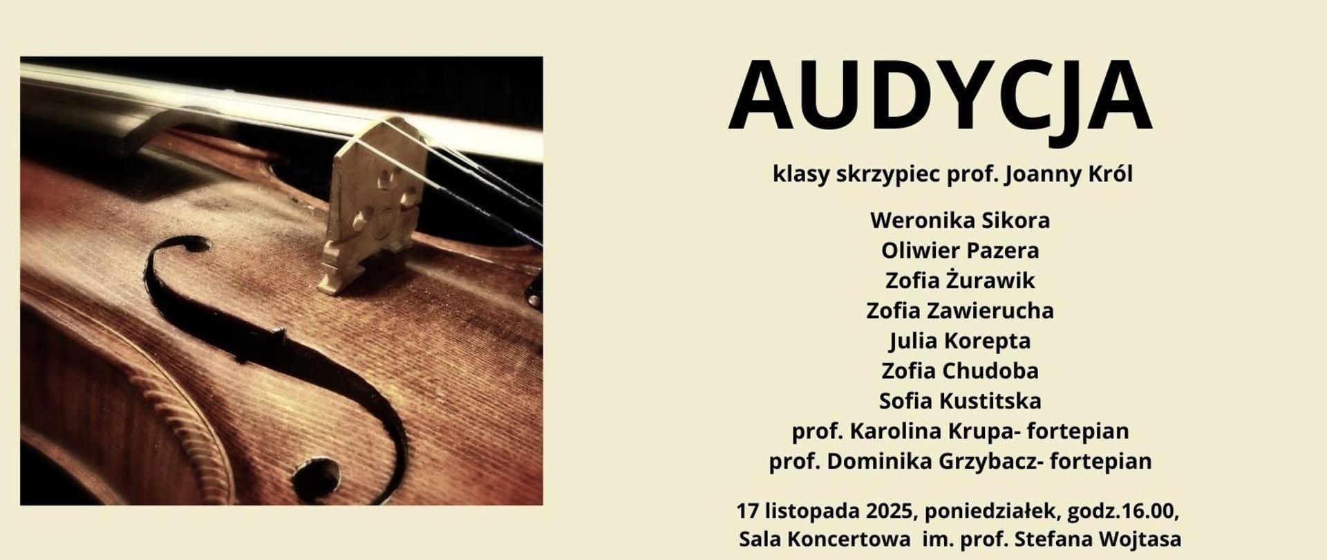 Audycja klasy skrzypiec 17.11.2025 godz.16.00 grafika skrzypce żółte tło