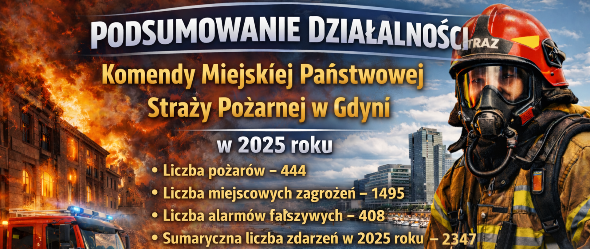 Plakat Państwowej straży pożarnej komendy miejskiej PSP w Gdyni w 2025 roku. Na plakacie widać pracujących strażaków, gaszących ogień w budynku. Czerwony samochód strażacki.