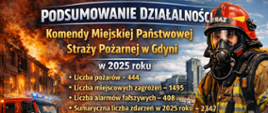 Plakat Państwowej straży pożarnej komendy miejskiej PSP w Gdyni w 2025 roku. Na plakacie widać pracujących strażaków, gaszących ogień w budynku. Czerwony samochód strażacki.