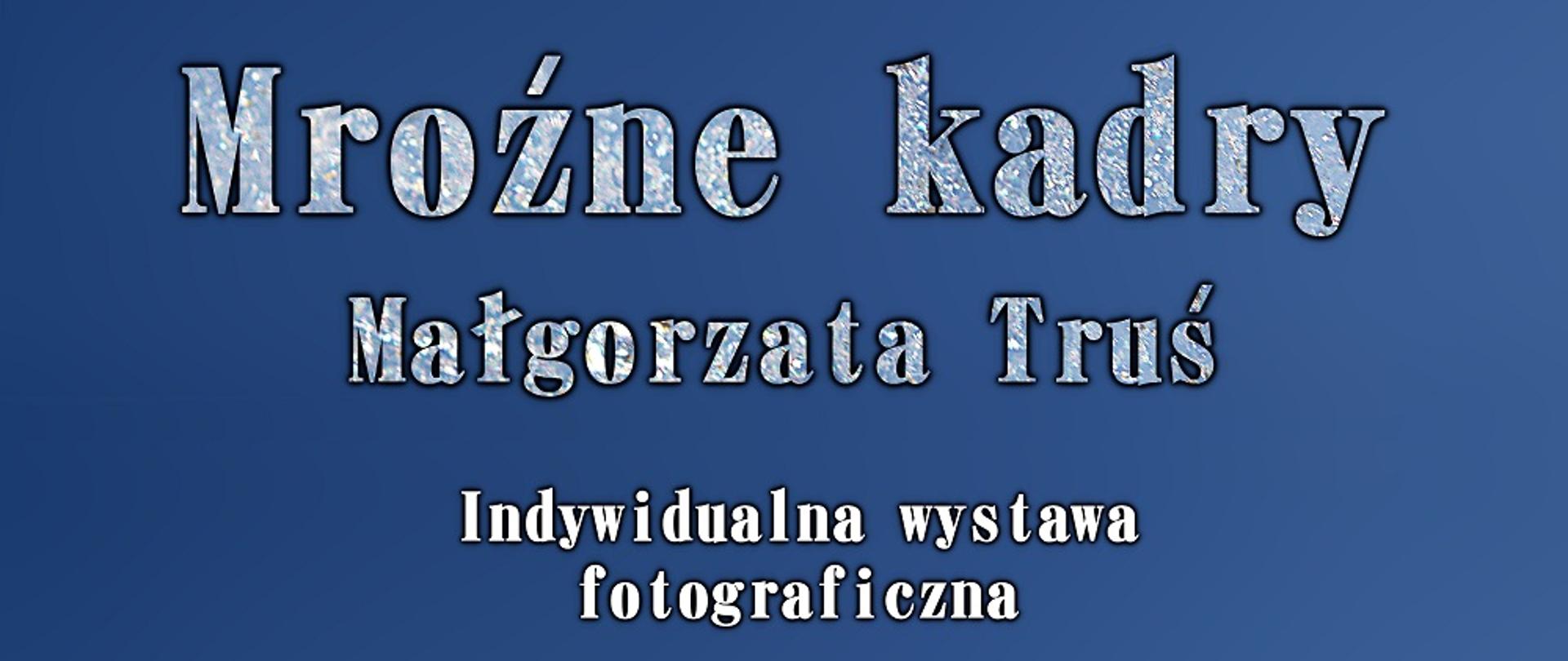  Plakat zapowiadający wystawę fotograficzną Małgorzaty Truś pt. Mroźne kadry. Plakat ma niebieskie tłu, na dole plakatu fragment lodu oraz logo Studium.