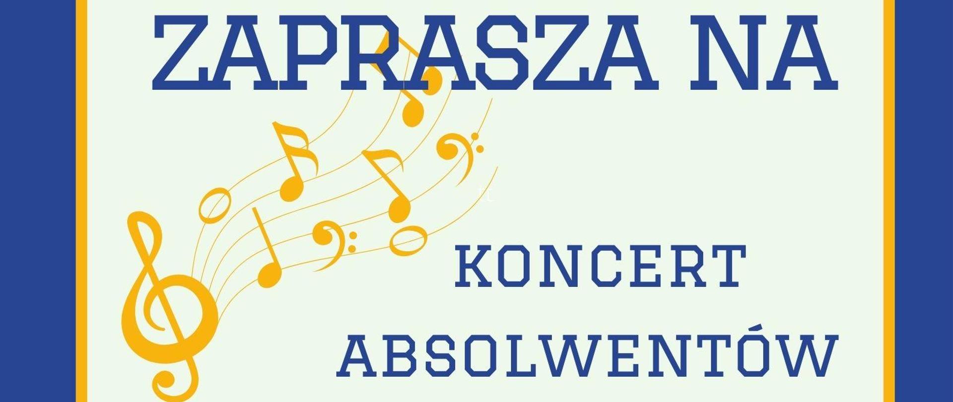 Plakat Państwowa Szkoła Muzyczna pierwszego stopnia imienia Tadeusza Bairda w Iławie zaprasza na koncert absolwentów w dniu dziewiętnastego czerwca dwa tysiące dwudziestego czwartego roku o godzinie osiemnastej w sali kameralnej PSM pierwszego stopnia w Iławie ulica Kościuszki osiemnaście w kolorze granatowym na białym tle z ramówką w kolorze granatowym z grafiką birety, pięciolinii z nutami w kolorze żółtym 