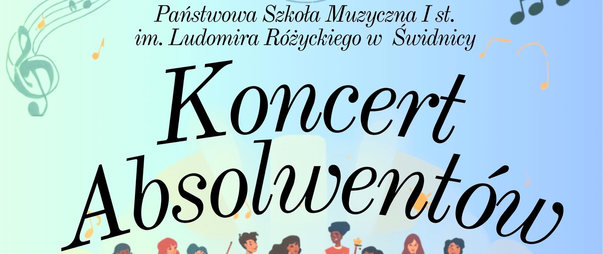 Niebieskie cieniowane tło. Na środku ikonografia przedstawia młodzież grającą na instrumentach na scenie. Wokół rysunki nut i zapisu nutowego . Na tym tle czarne napisy informujące o koncercie.
