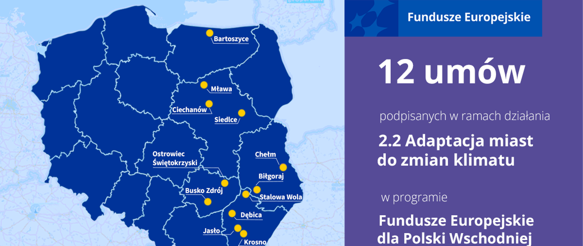 Plansza informacyjna. Fundusze Europejskie 12 umów podpisanych w ramach działania 2.2 Adaptacja do zmian klimatu w programie Fundusze Europejskie dla Polski Wschodniej