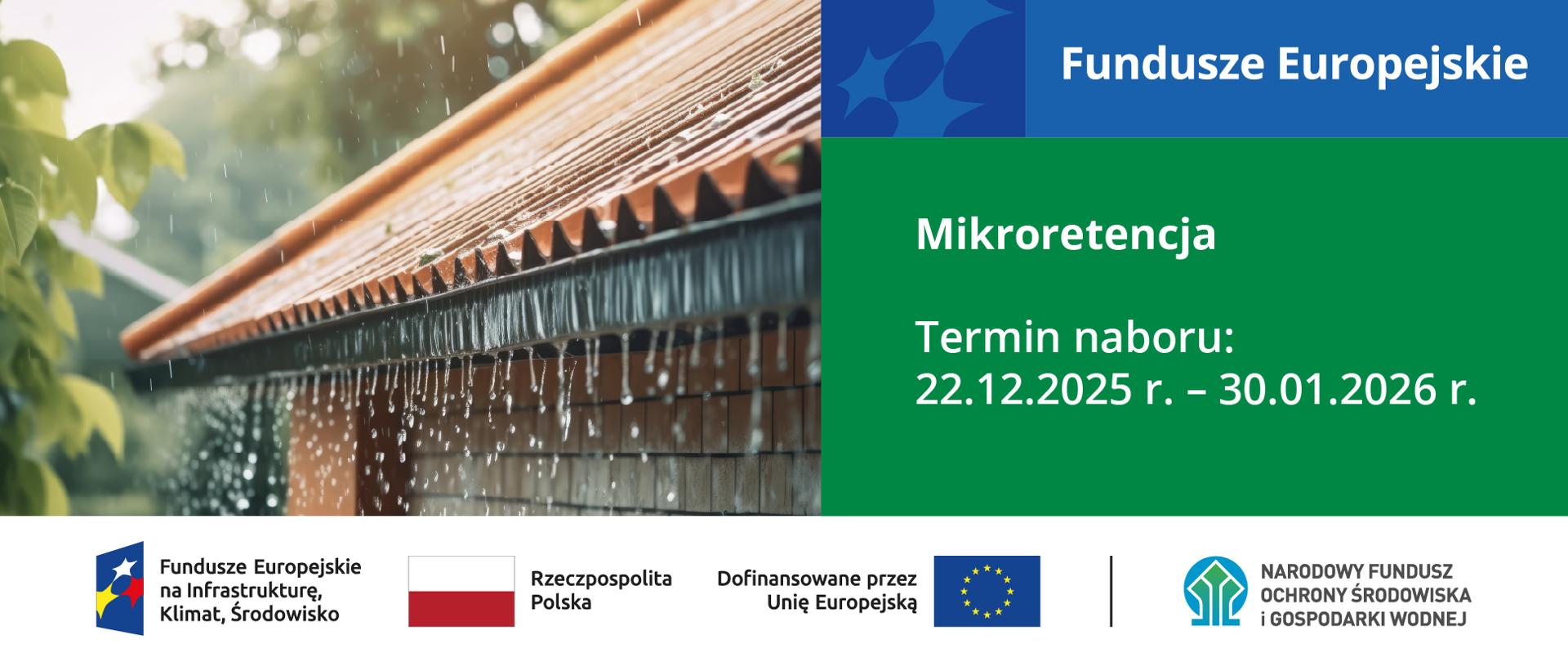 W stopce grafiki ciąg logotypów: Fundusze Europejskie na Infrastrukturę, Klimat, Środowisko, flaga Rzeczypospolita Polska, flaga UE Dofinansowane przez Unię Europejską, Narodowy Fundusz Ochrony Środowiska i Gospodarki Wodnej.