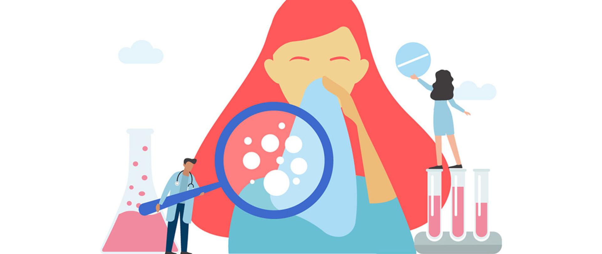 Zdjęcie przedstawia kichającą kobietę, kampania "UnitedInProtection"