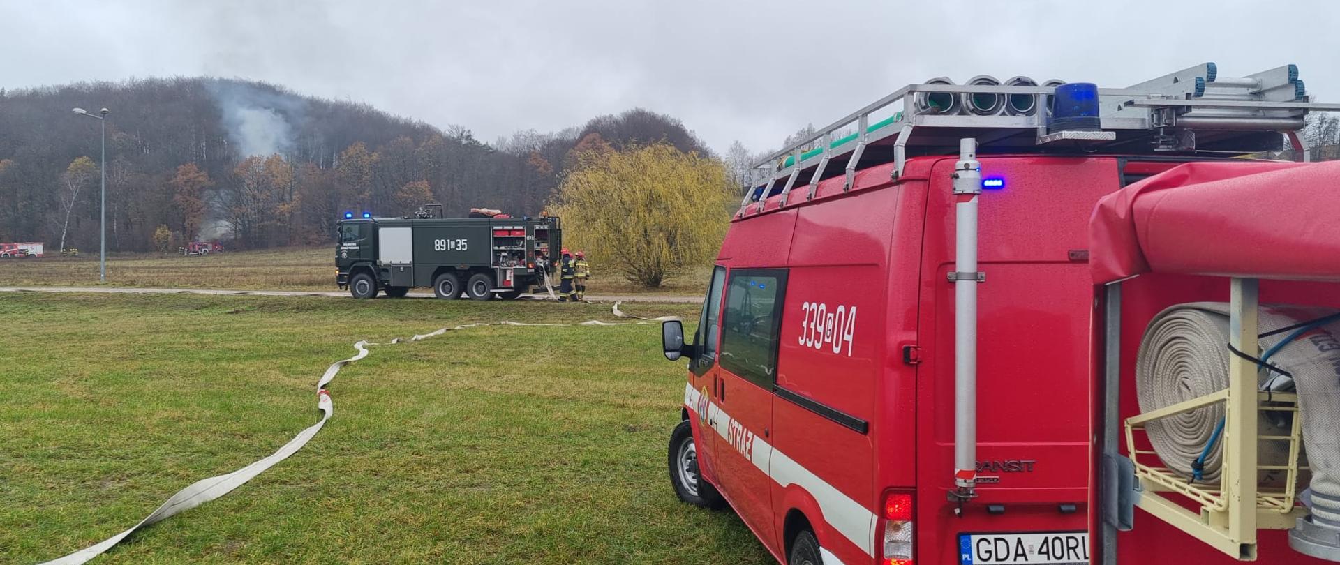 Na zdjęciu widać dym unoszący się nad lasem oraz strażaków budujących linię wężową mającą dostarczyć wodę do miejsca pożaru