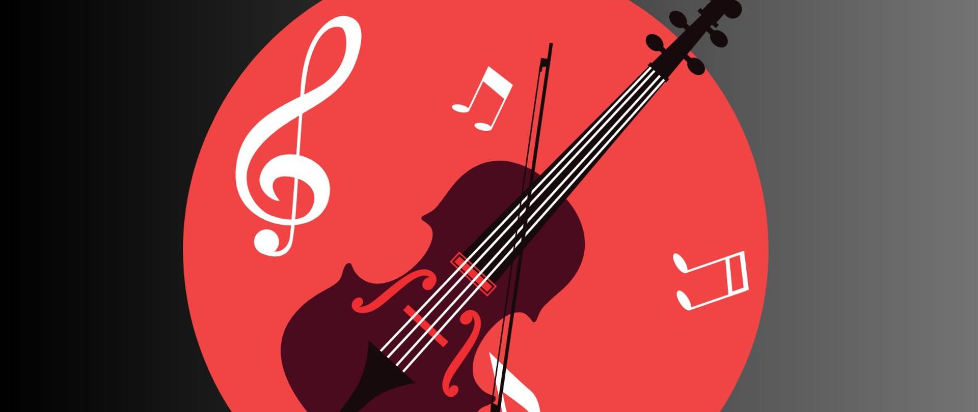 Grafika - afisz. Tło czarne w górnej połowie, szare w dolnej połowie. Na czarnym tle grafika przedstawiająca wiolonczelę ze smyczkiem, otoczoną kluczem wiolinowym i nutkami. poniżej na szarym tle napisy: KONCERT w wykonaniu uczniów z klasy wiolonczeli Mikołaja Gałana Elżbieta Gorączko-Krawiec fortepian. Na samym dole w lewym rogu logo PSM Nysa, a obok napis: środa, 26 kwietnia 2023 godz. 17.10 SALA KONCERTOWA im. Jerzego Kozarzewskiego.