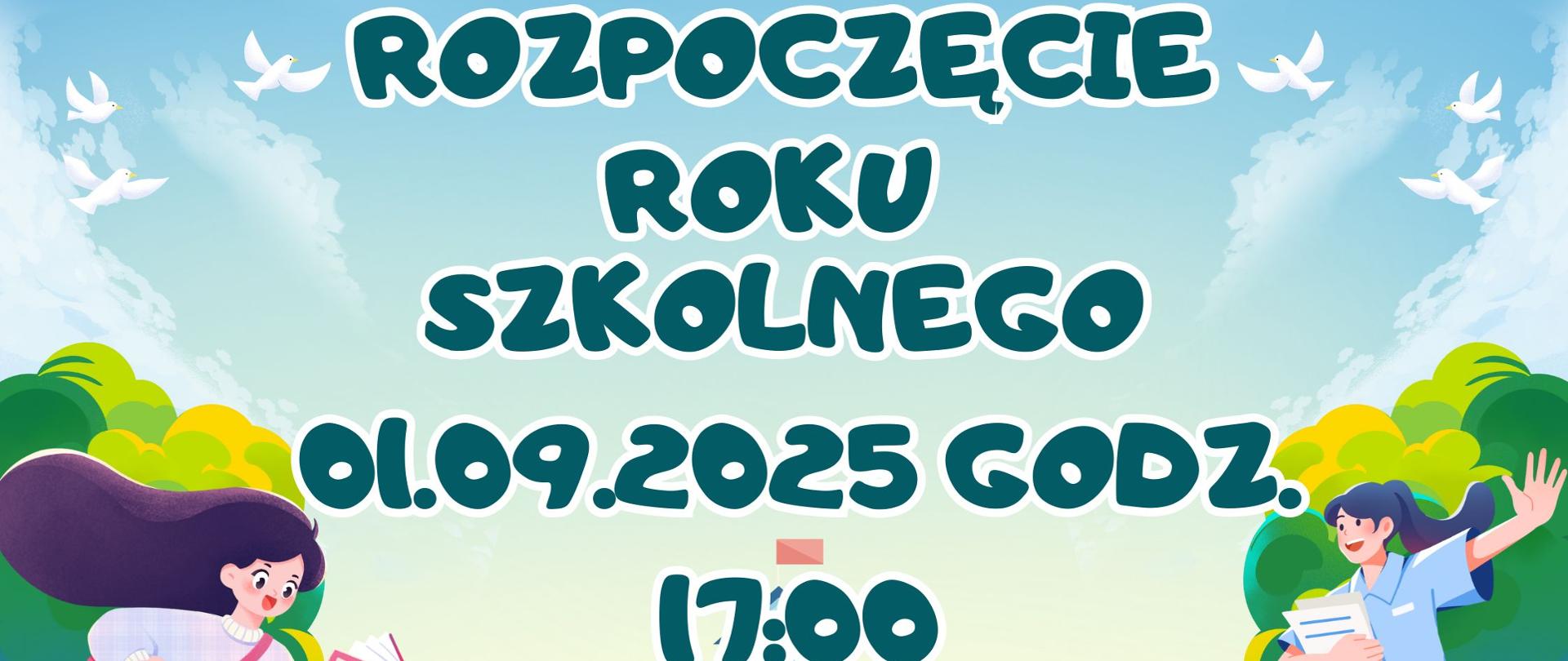 Grafika wykonana na tle budynku prawdopodobnie szkoły. Budynek jest koloru niebieskiego i posiada 3 kondygnacje. Po lewej stronie widoczna jest dziewczynka biegnąca do szkoły trzymająca książkę. Po prawej stronie widoczny jest chłopie trzymający kartki. W powietrzu widoczne są latające białe gołębie.