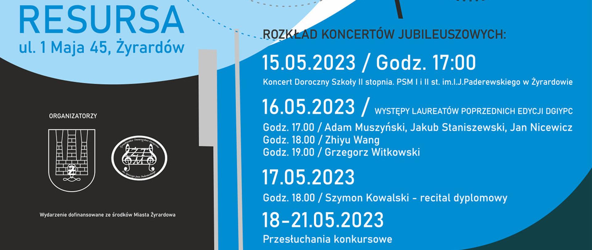 Plakat w kolorach czarnym, białym, granatowym i niebieskim. Na środku klawiatura fortepianu w kolistej formie, na górze od lewej informacje o patronatach i pełna nazwa konkursu.
W prawym górnym rogu logo szkoły, w lewym dolnym rogu loga organizatorów konkursu.
W dolnym prawym rogu daty oraz miejsce odbywania się konkursu. Nieco powyżej sylwetka Filipa de Girard, patrona konkursu w kolistej formie.
