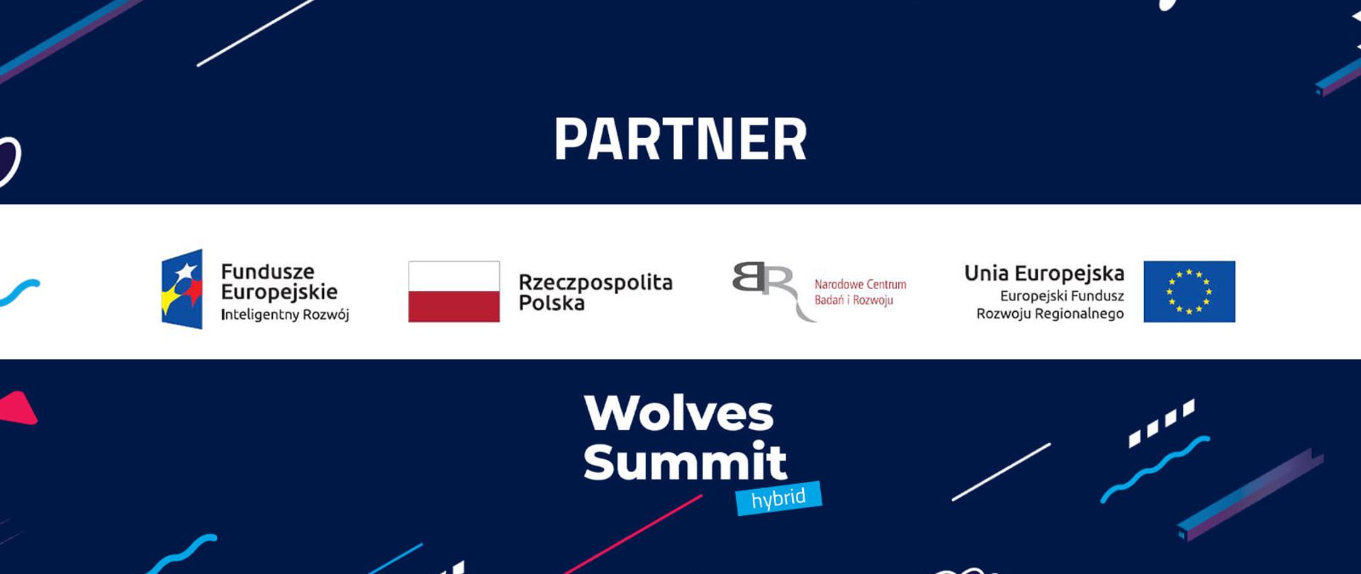 Grafika z napisem Partner: pod spodem ciąg logotypów: Fundusze Europejskie Inteligentny Rozwój, Rzeczpospolita Polska, NCBR, Unia Europejska Europejski Fundusz Rozwoju Regionalnego. Pod spodem logotyp wydarzenia Wolves Summit hybrid.