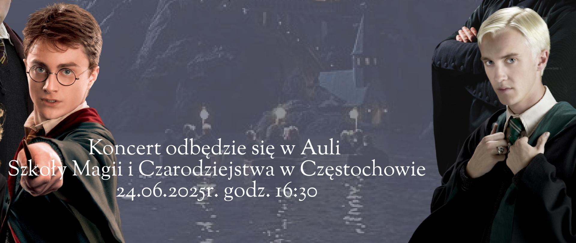 Szare tło ze zdjęciami postaci z Harrego Pottera, logo szkoły, tekst dotyczący koncertu ZSM 24.06.2025 r. godz. 16.30.