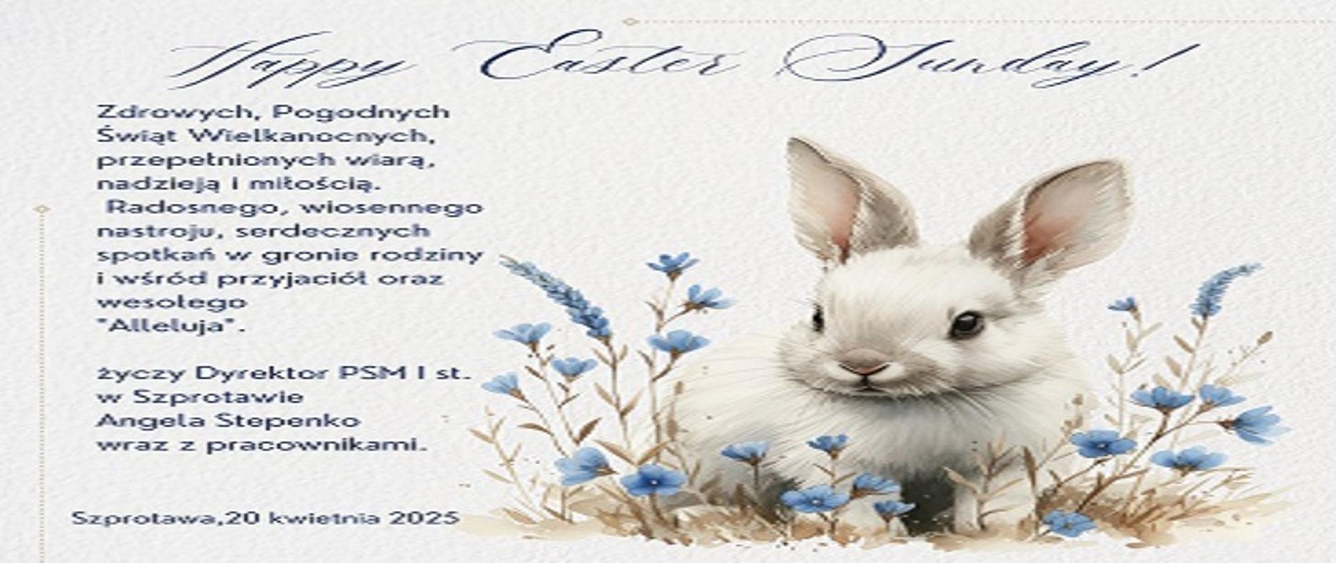 Na beżowym tle treść: Zdrowych, pogodnych świąt Wielkanocnych, pełnych wiary, nadziei i miłości. Radosnego, wiosennego nastroju, serdecznych spotkań w gronie rodziny i wśród przyjaciół oraz wesołego Alleluja, życzy Dyrektor PSM I st. w Szprotawie Angela Stepenko wraz z pracownikami. Szprotawa 20 kwietnia 2025r.