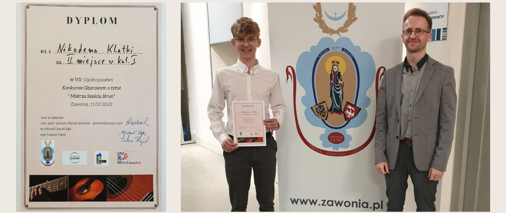 Z lewej dyplom Nikodema Klatki, ucznia klasy gitary p. Przemysława Kolarskiego za zajęcie II miejsca w Ogólnopolskim Konkursie Gitarowym, z prawej zdjęcie Nikodema trzymającego dyplom z pedagogiem. 