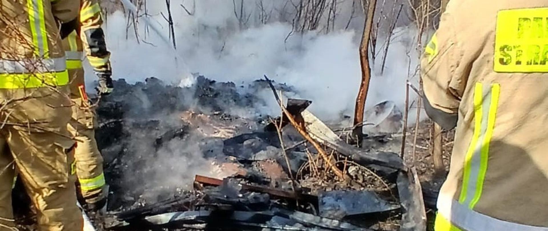 Zdjęcie przedstawia pogorzelisko, po jego dwóch stronach stoją strażacy, a znad spalonych materiałów unosi się dym i para wodna.