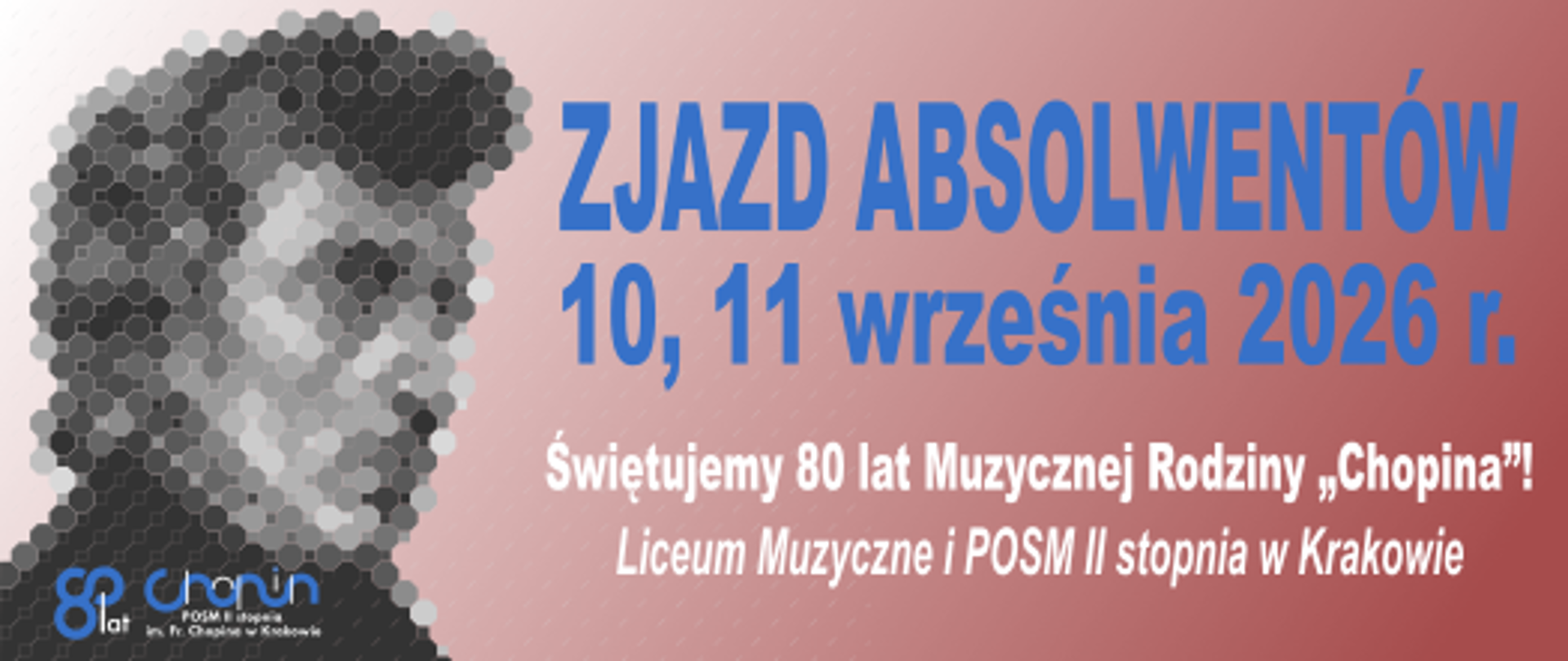 Baner, logotyp szkoły, nazwa szkoły, tekst: 10-11.09.2026 r., Zjazd absolwentów