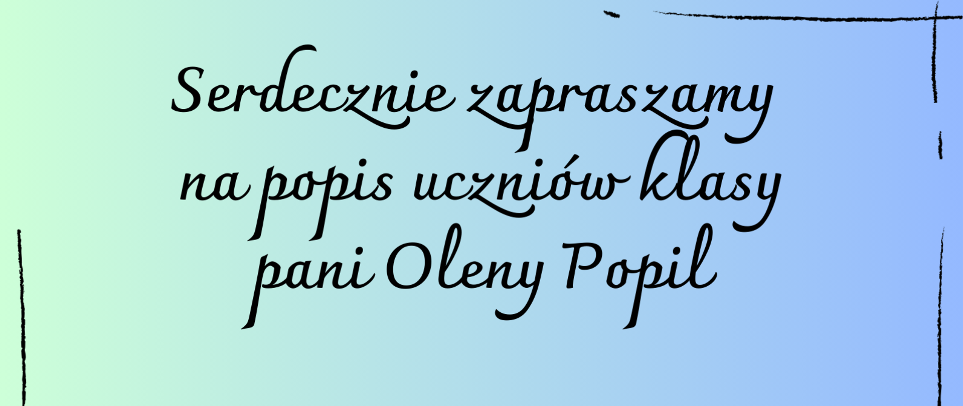 Popis uczniów klasy Pani Oleny Popil - 25 stycznia 2024 r. Aula Szkoły. Kolorowe nutki i klawiatura dekoracyjne. Błękitne tło.
