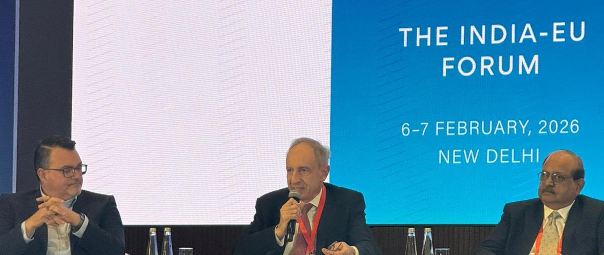 Minister Władysław Teofil Bartoszewski speaks during the inaugural EU-India Forum organized by the Ananta Center in New Delhi